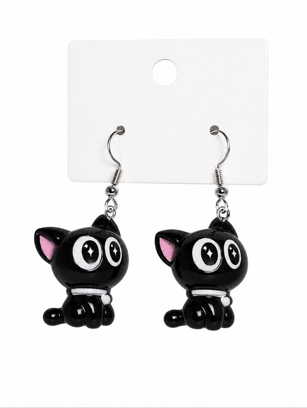 NWT Black Cartoon Cat Dangle Earrings 2" Kawaii Cute Resin Fish Hook Pierced